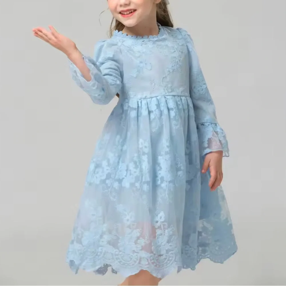 NNJXD Elegant Blue Lace Girls Kids Dress Size 8